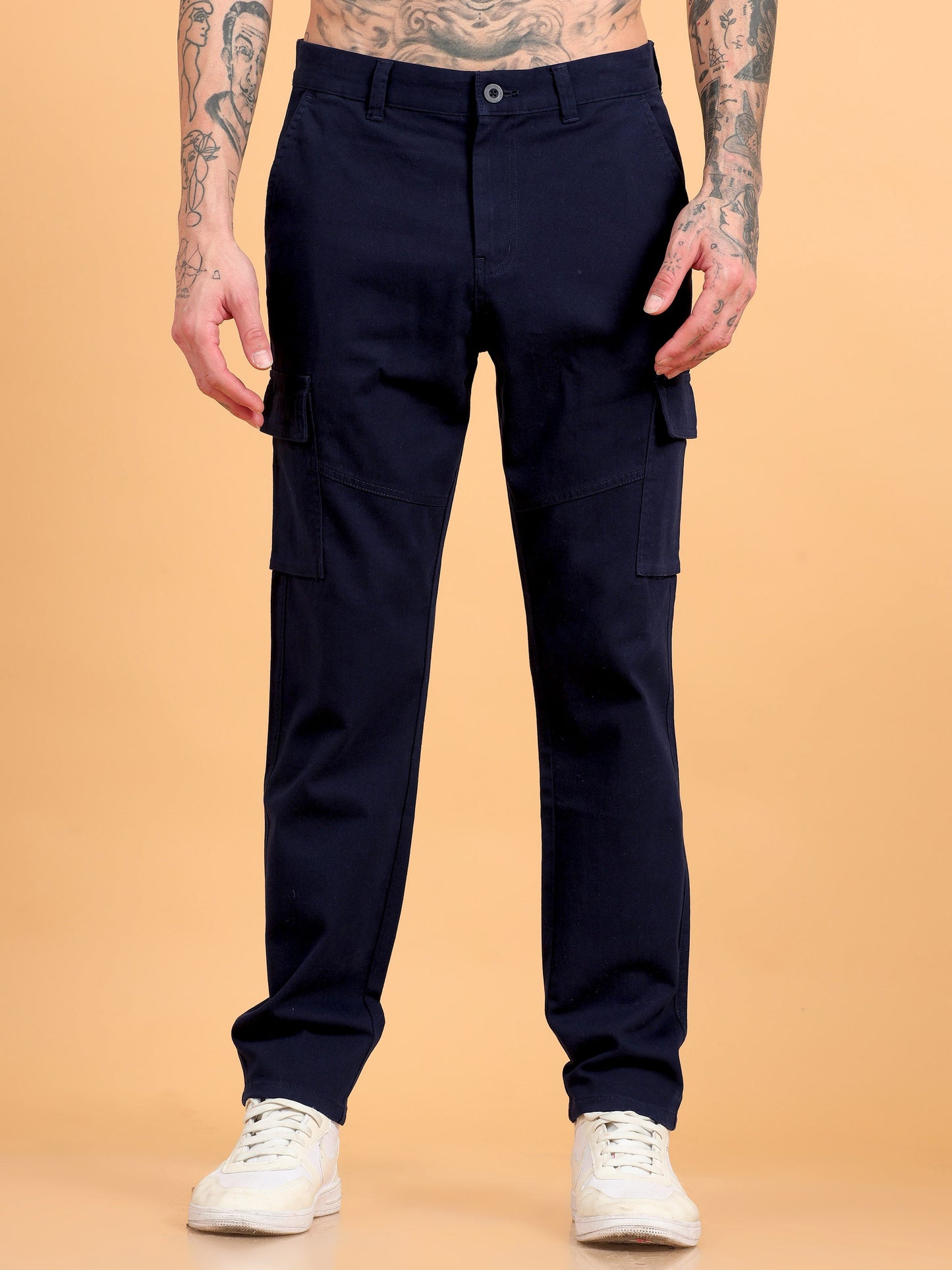 Men 2 Cotton Regular Fit Cargo Trousers, NAVY BLUE KHAKHI