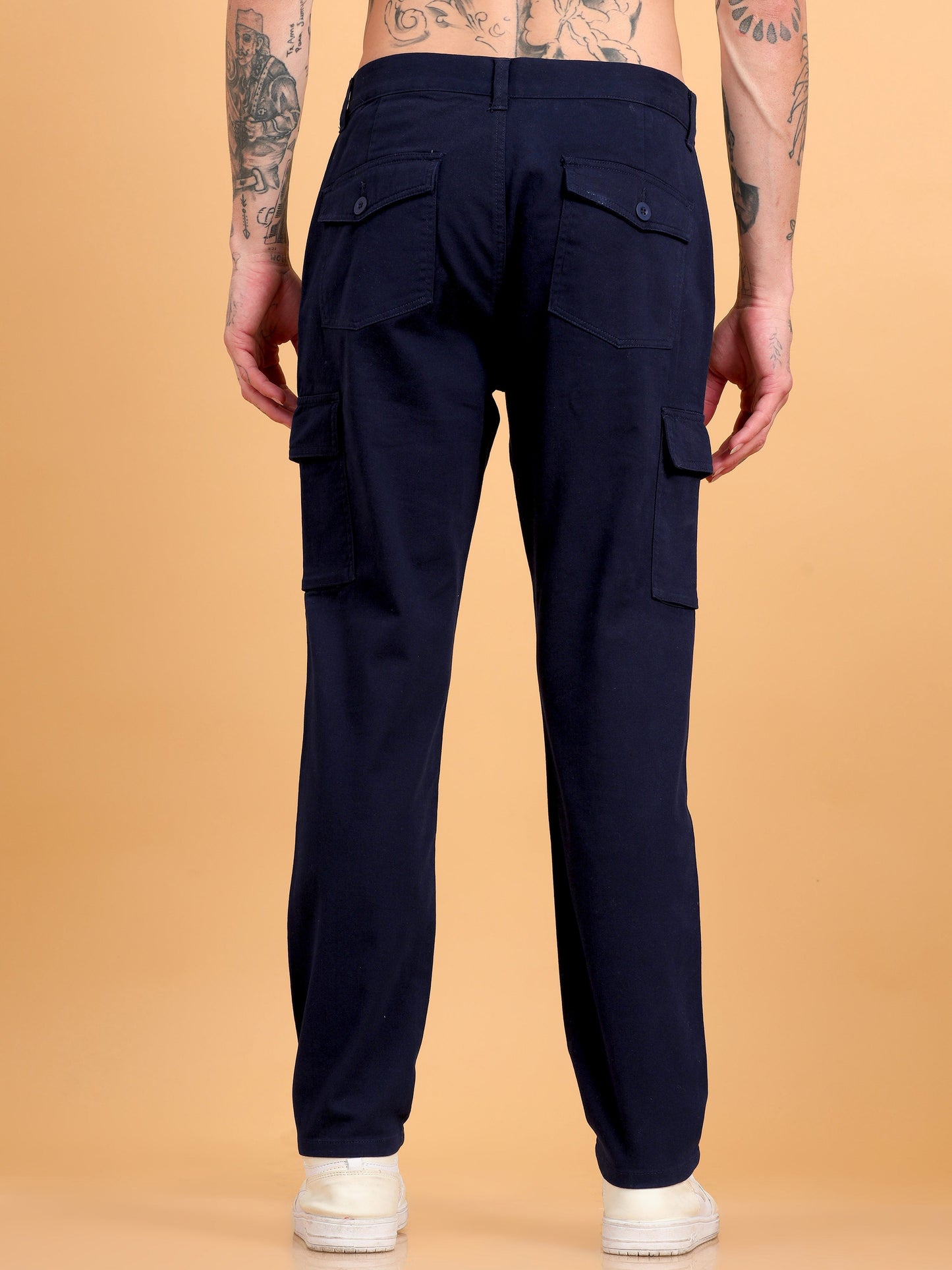 Men 2 Cotton Regular Fit Cargo Trousers, NAVY BLUE KHAKHI