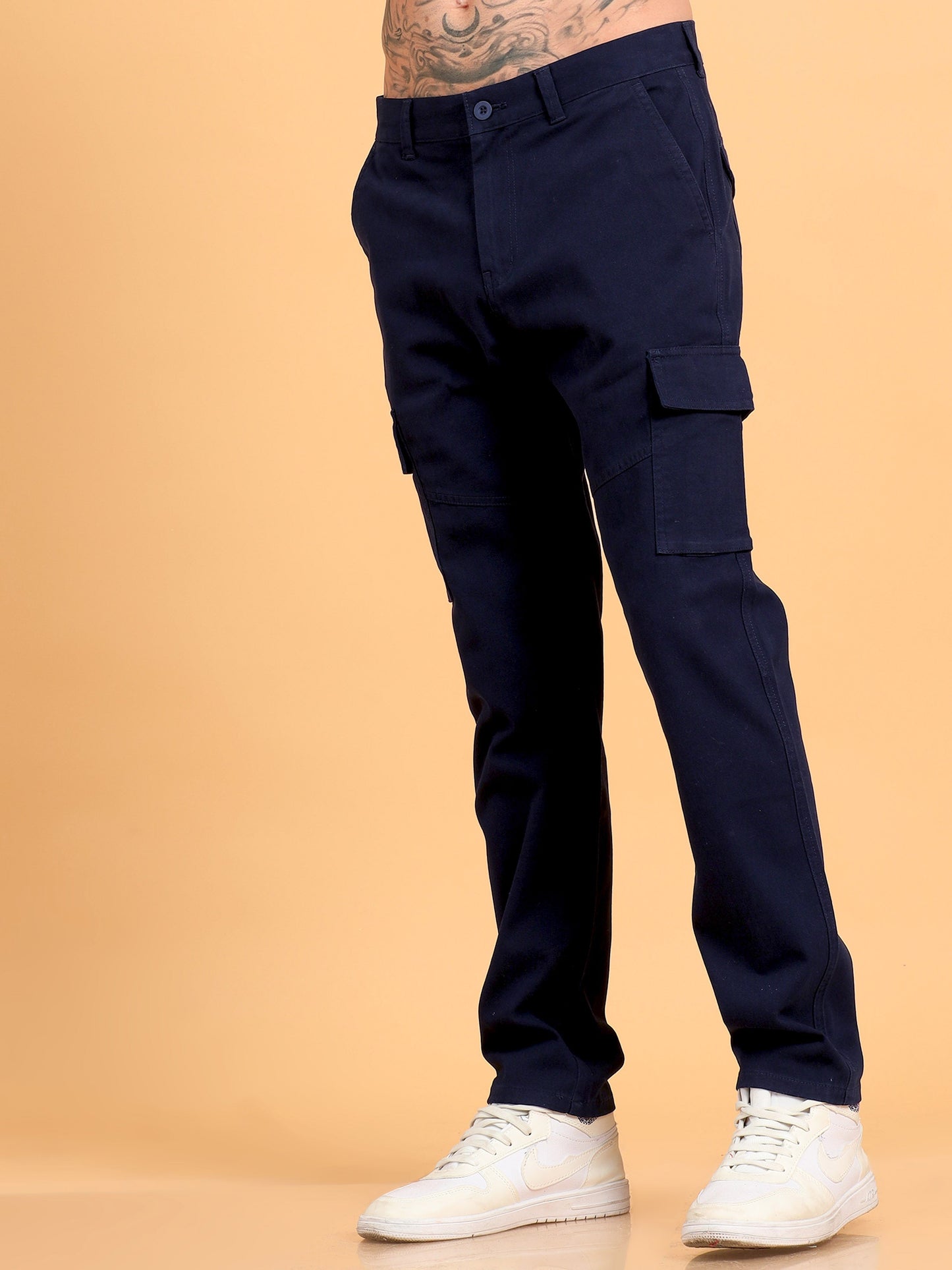 Men 2 Cotton Regular Fit Cargo Trousers, NAVY BLUE KHAKHI